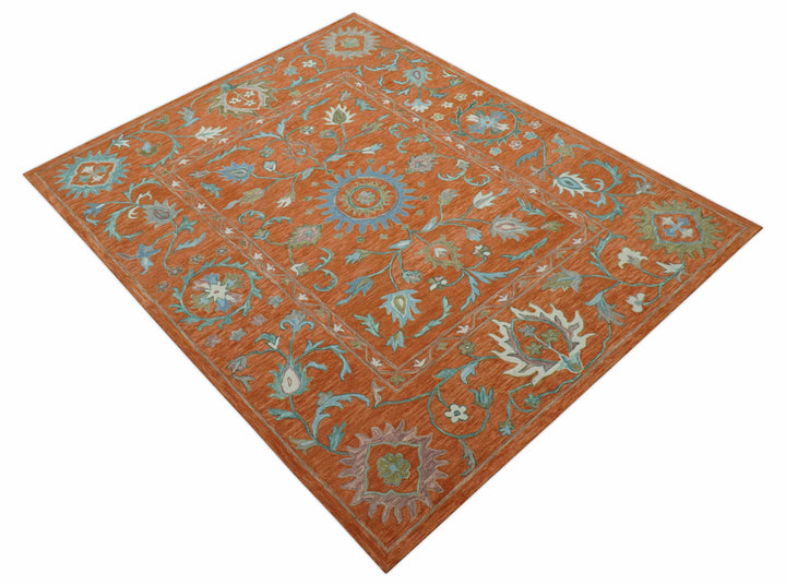 Custom Made Oriental Uzbek Design Floral Rust Hand Tufted Wool Area Rug