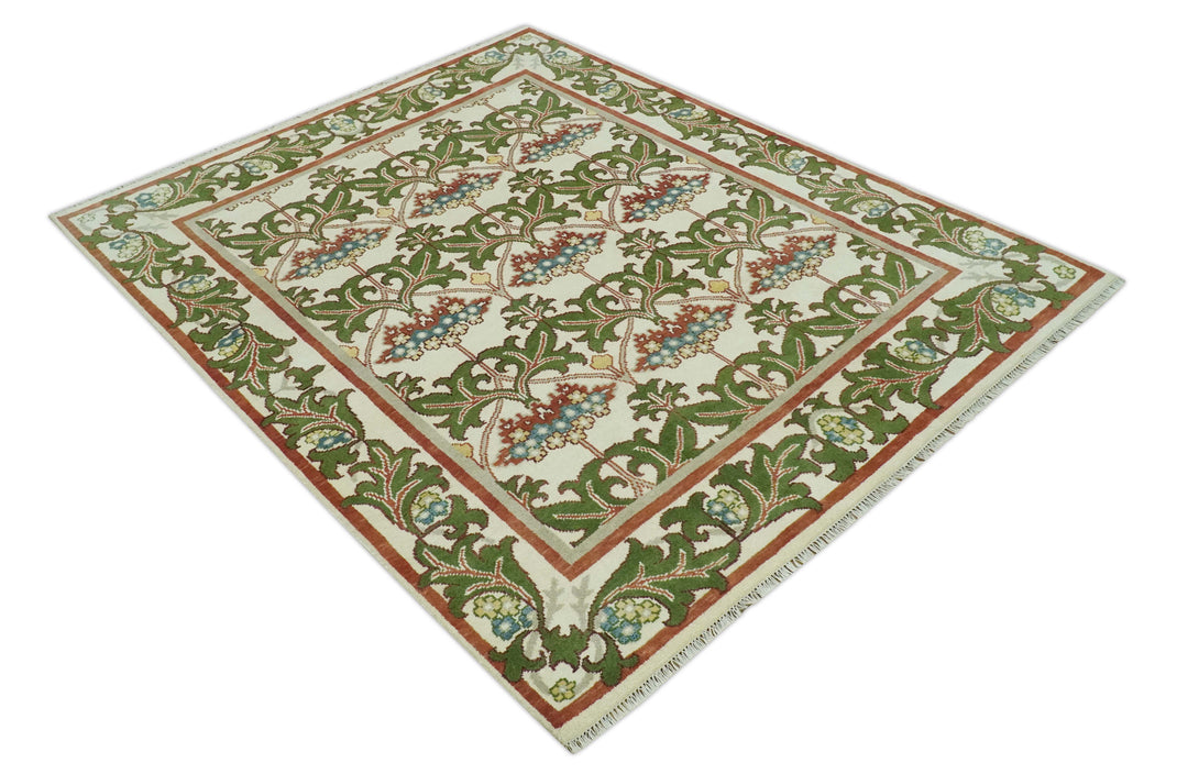Hand Knotted Ivory and Green Floral Traditional Antique Style Wool Area Rug