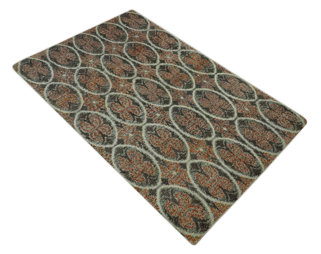 Geometrical Floral Design 5x8.6 Charcoal, Ivory and Rust Hand Knotted wool rug