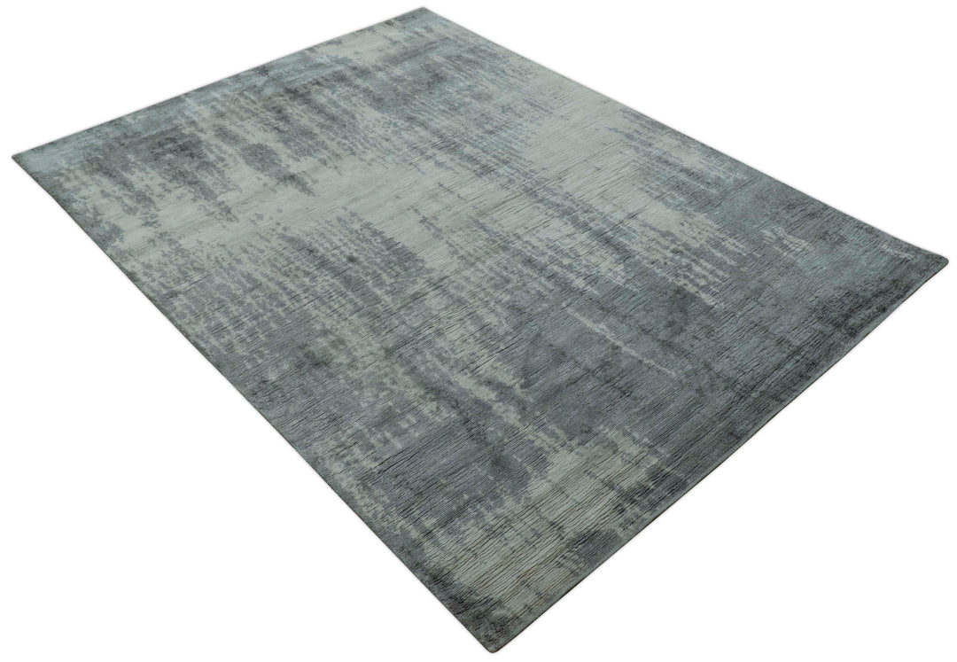 Gray And Silver Modern Abstract Design Hand Knotted Bamboo Silk Area Rug