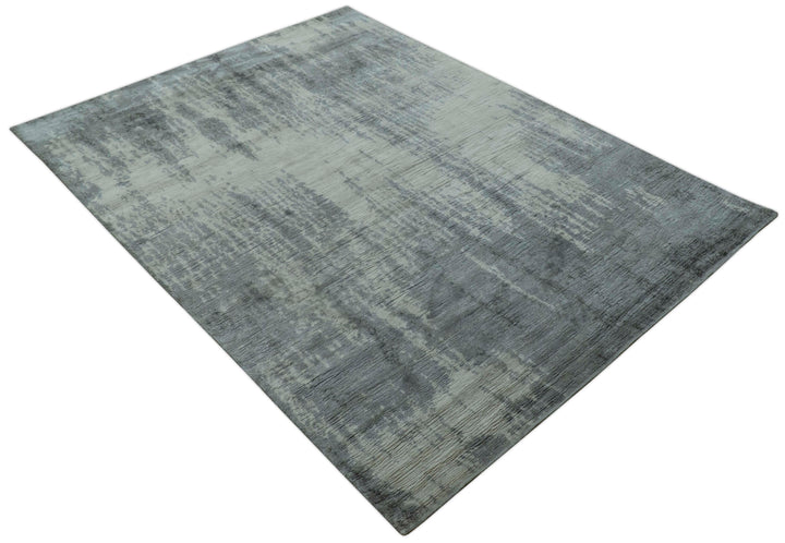 Gray And Silver Modern Abstract Design Hand Knotted Bamboo Silk Area Rug