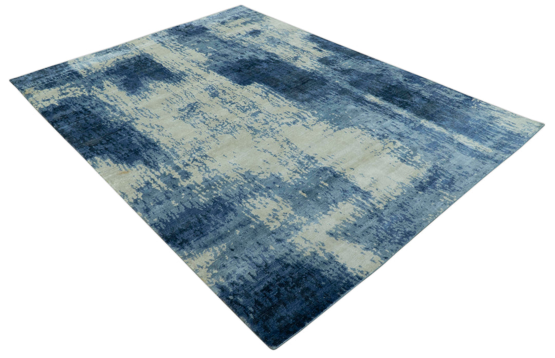 Modern Abstract Design Beige And Blue 9x12 Hand Knotted Bamboo Silk Area Rug