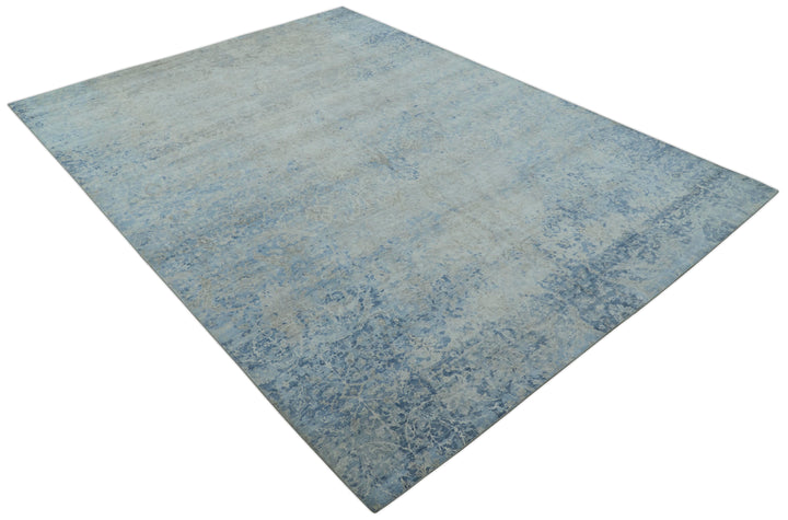 Modern Abstract Design Gray And Blue 10x13 Hand Knotted Bamboo Silk Area Rug