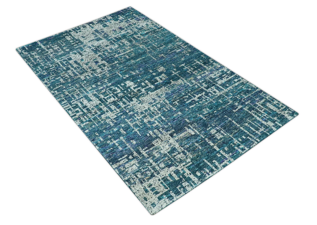 Modern Abstract Hand Knotted Teal and Ivory Contemporary Recycled Silk Area Rug