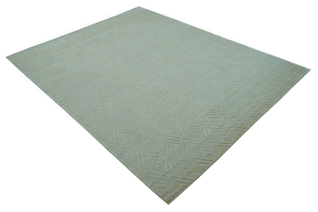 Modern Geometric Pattern Ivory And Beige Hand Knotted 9x12 Area Rug