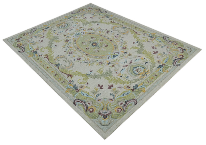 Ivory and Green 8x10 French Design Aubusson Hand Tufted Wool Area Rug