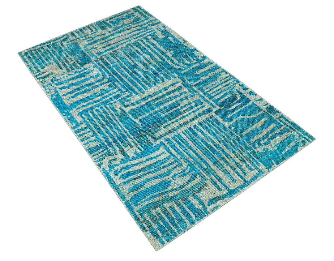 Modern stripes design Blue and Beige 5x8 Hand knotted wool area rug