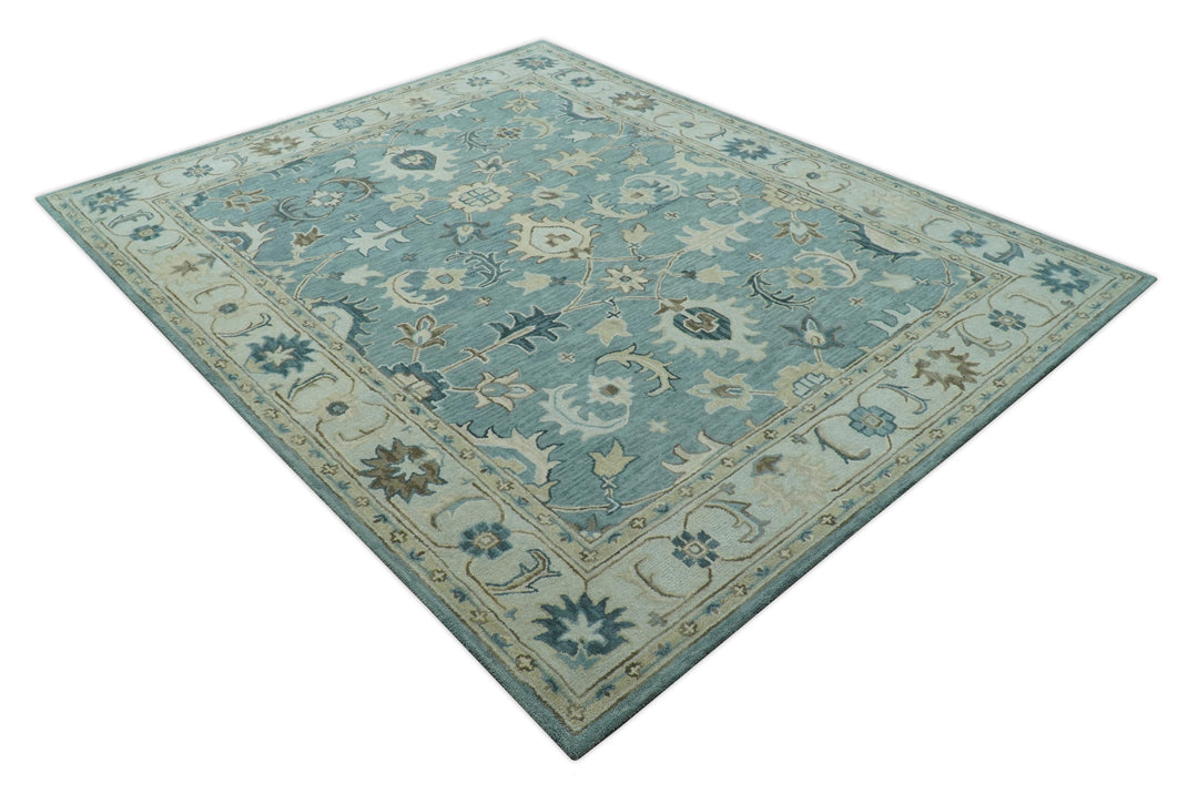 Custom Made Aqua, Ivory and Beige Hand Tufted Oriental Oushak wool area rug