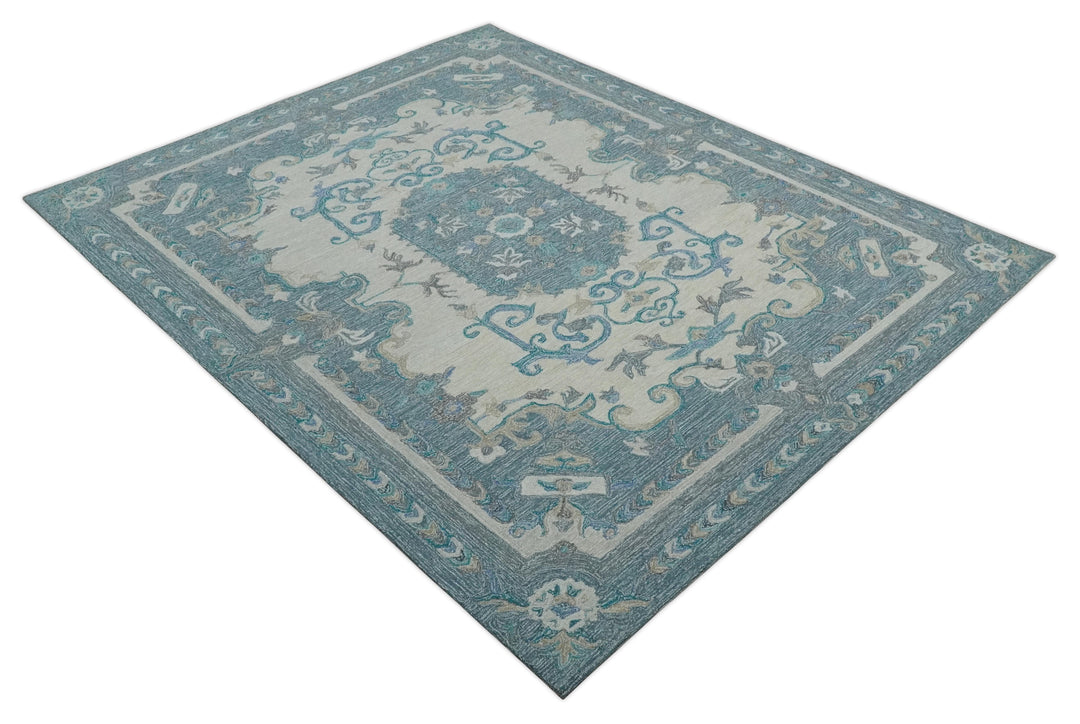 French Design Aubusson 8x10 Ivory and Blue Hand Tufted Wool Area Rug