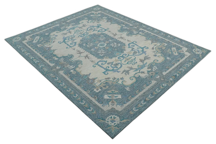 French Design Aubusson 8x10 Ivory and Blue Hand Tufted Wool Area Rug