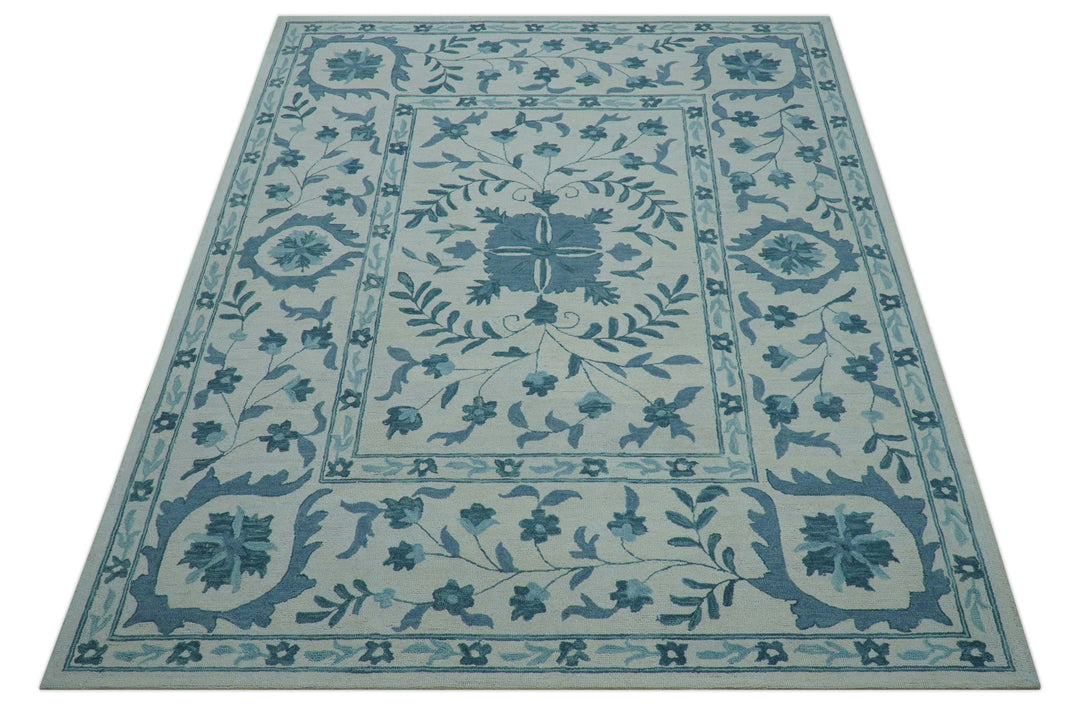 Custom Made Oriental Uzbek Design Floral Ivory And Blue Hand Tufted Wool Area Rug