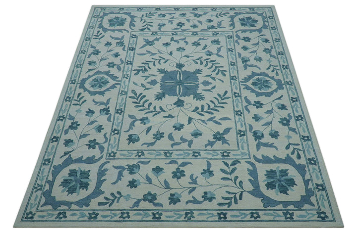 Custom Made Oriental Uzbek Design Floral Ivory And Blue Hand Tufted Wool Area Rug