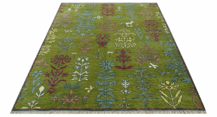 Tree Green, Silver, Maroon Hand Knotted 8x10 wool Area Rug