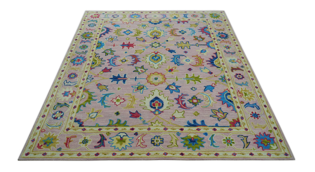 Vibrant Colorful Pink, Olive and Blue Oriental Oushak Hand Tufted Multi Size area rug