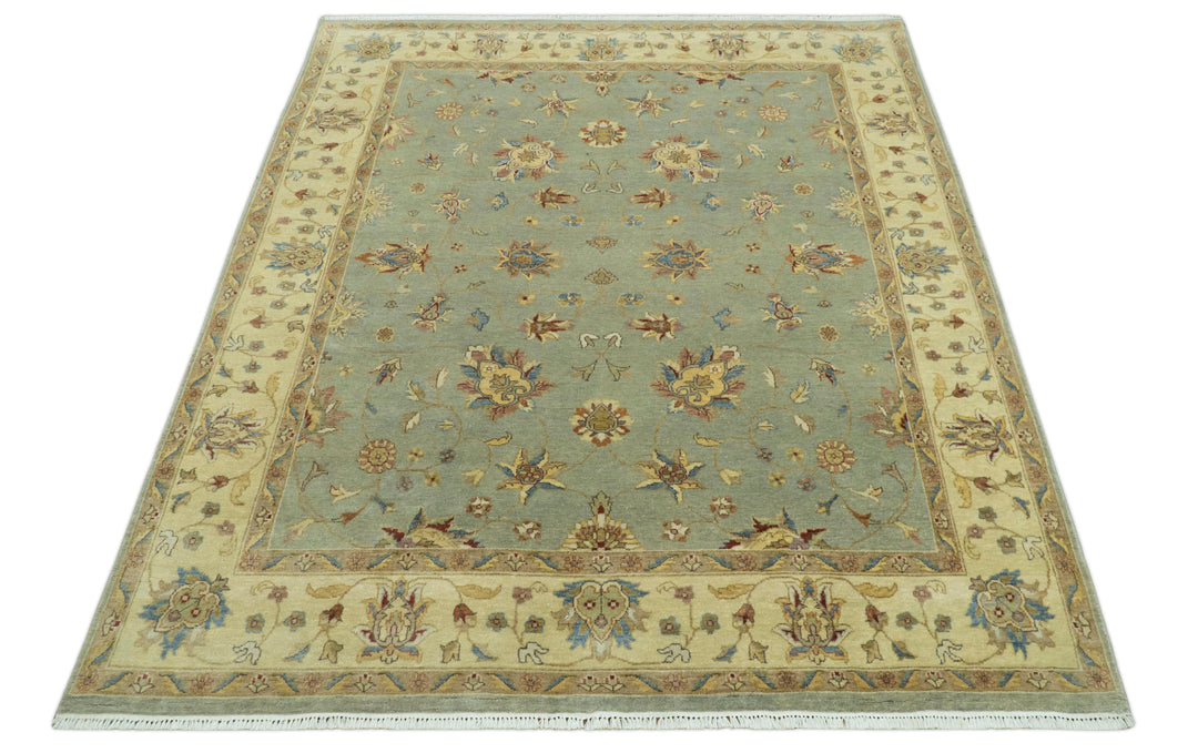 Traditional Oushak Design Green, Blue And Rust 6.5x8 Hand Knotted wool rug
