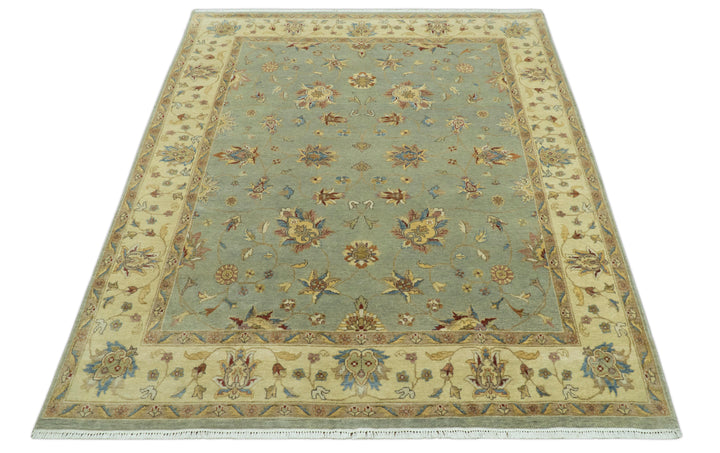 Traditional Oushak Design Green, Blue And Rust 6.5x8 Hand Knotted wool rug