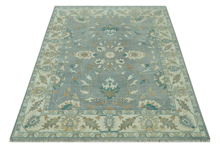 8x10 Traditional Floral Silver and Ivory Hand Knotted wool area rug