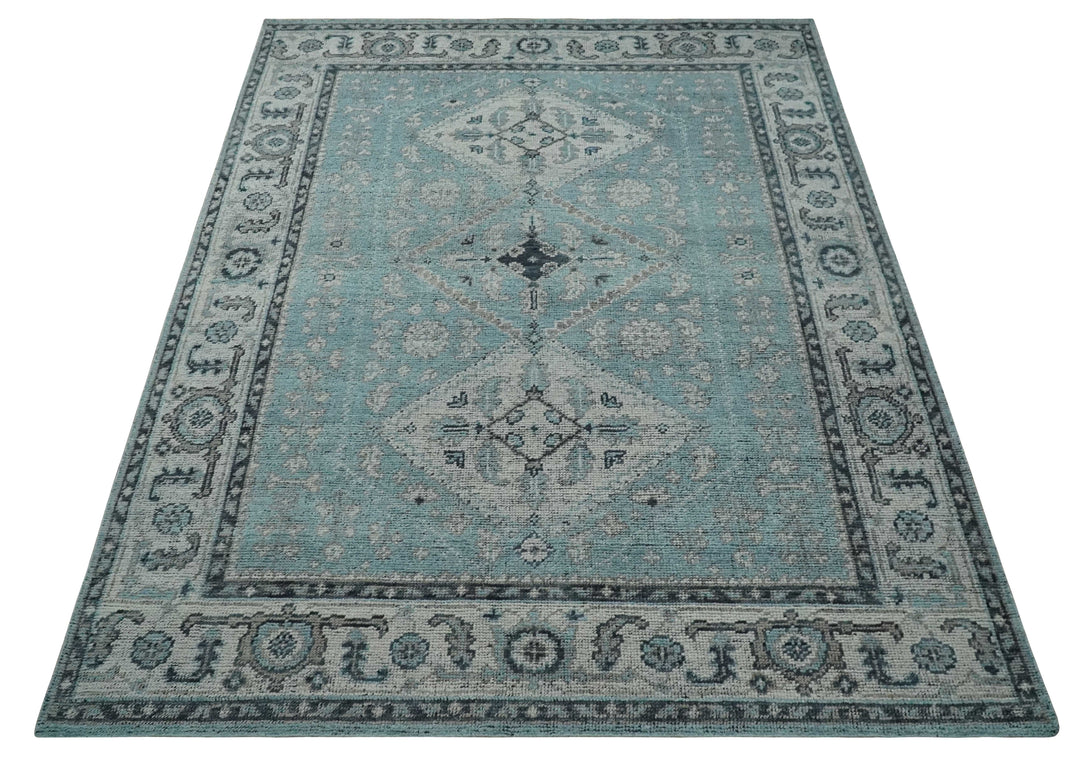 Distressed Hand Knotted Multi Size Blue, Silver and Charcoal Traditional Low Pile Wool Area Rug