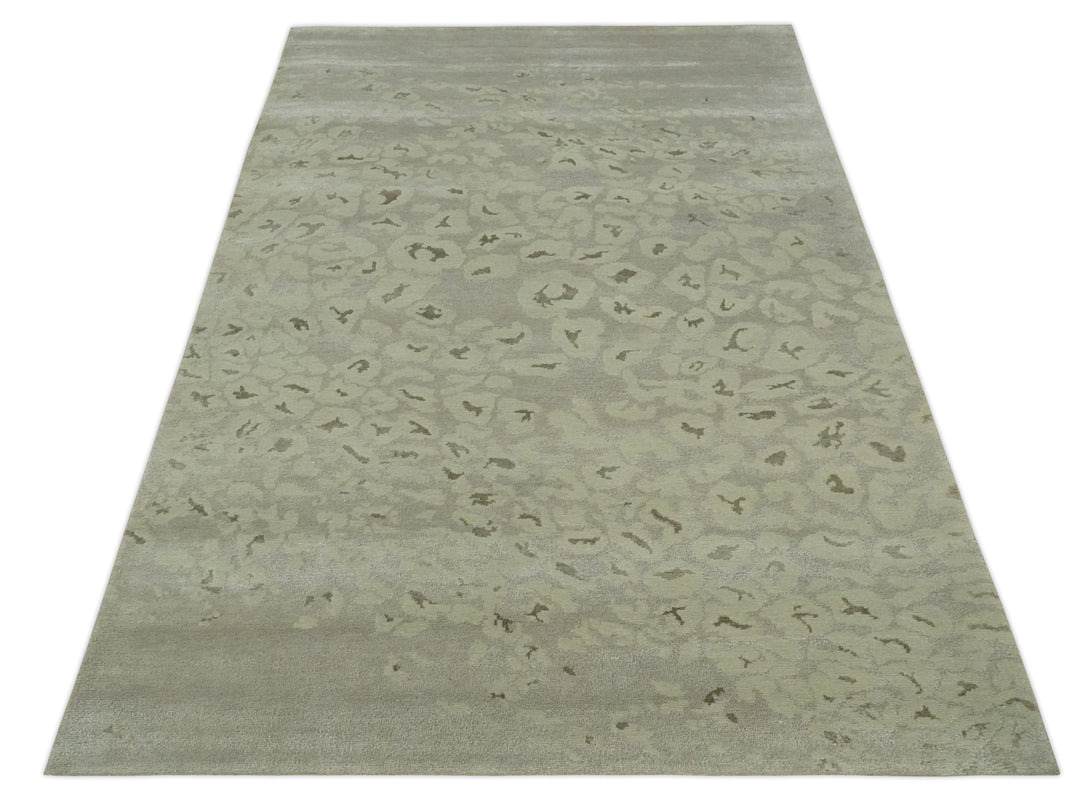 Olive and Dark Green and Silver 5x8 Hand Knotted Abstract Wool and Silk Area Rug