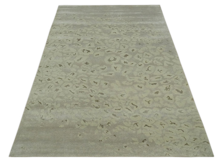 Olive and Dark Green and Silver 5x8 Hand Knotted Abstract Wool and Silk Area Rug