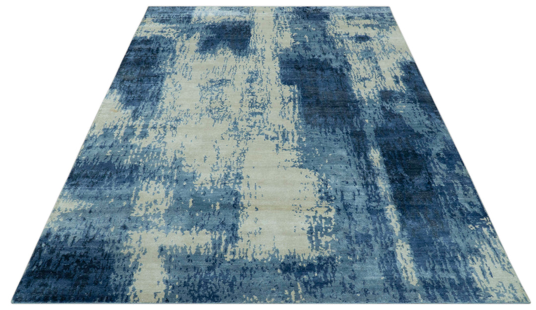 Modern Abstract Design Beige And Blue 9x12 Hand Knotted Bamboo Silk Area Rug