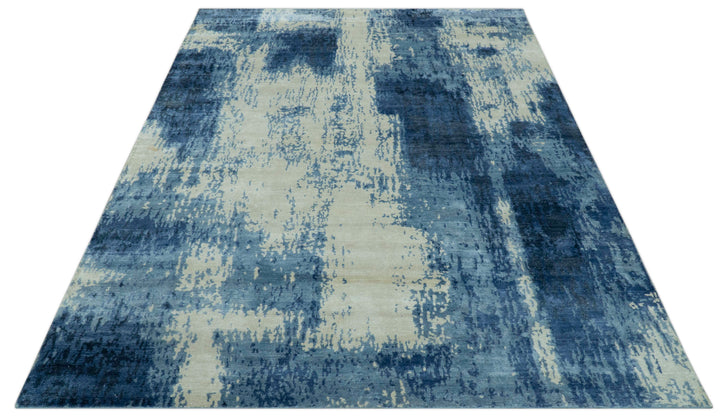 Modern Abstract Design Beige And Blue 9x12 Hand Knotted Bamboo Silk Area Rug