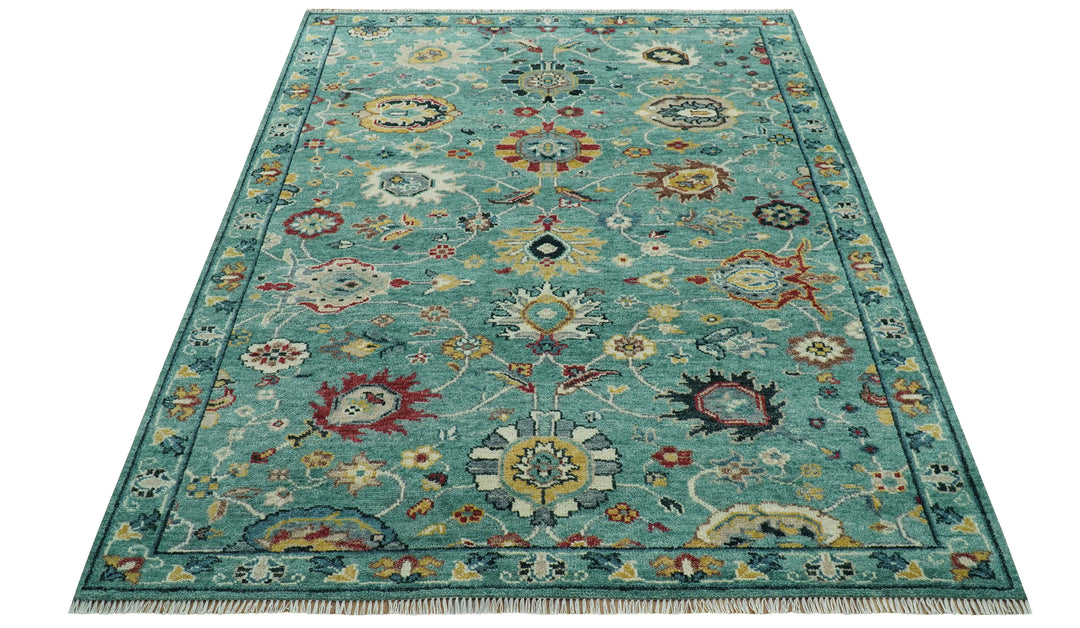 Teal And Yellow Modern Oushak Style Hand Knotted Custom Made Wool Rug