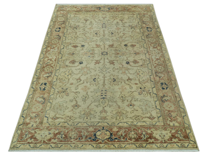 Heriz Traditional Design Beige And Blue 5.6x8 Hand Knotted Wool Area Rug