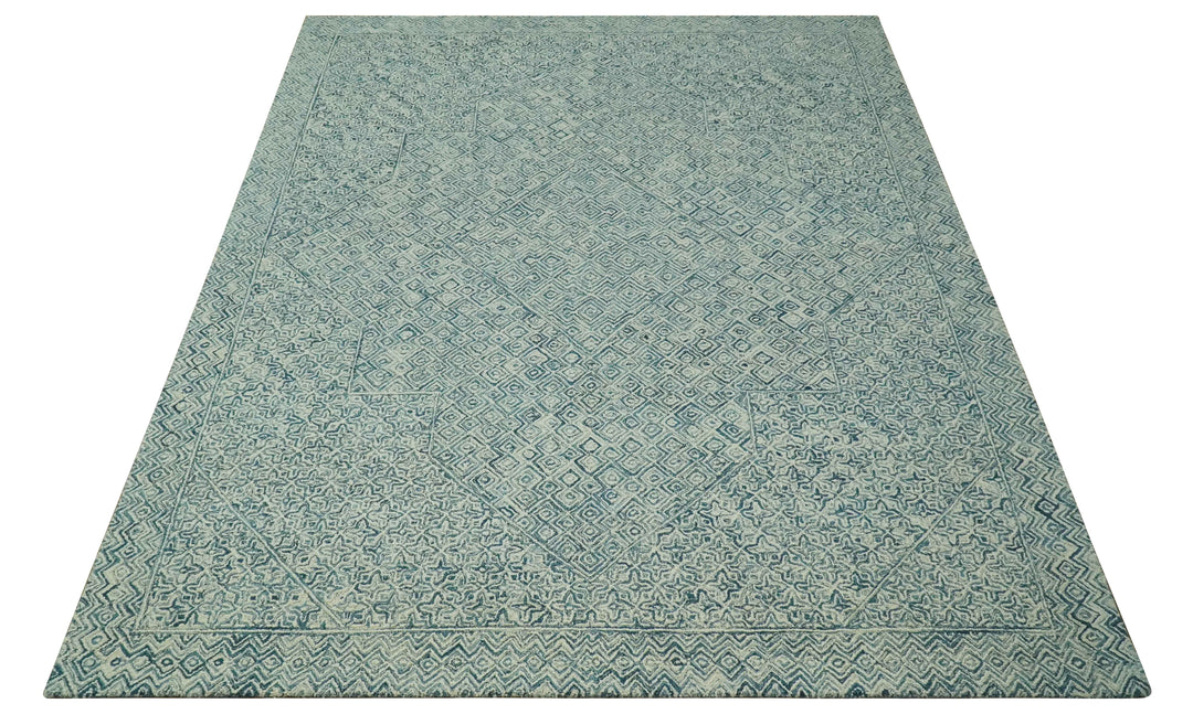 Modern Geometrical 8x10 Teal and Ivory Hand Tufted wool area rug