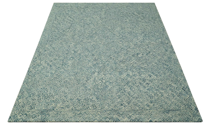 Modern Geometrical 8x10 Teal and Ivory Hand Tufted wool area rug