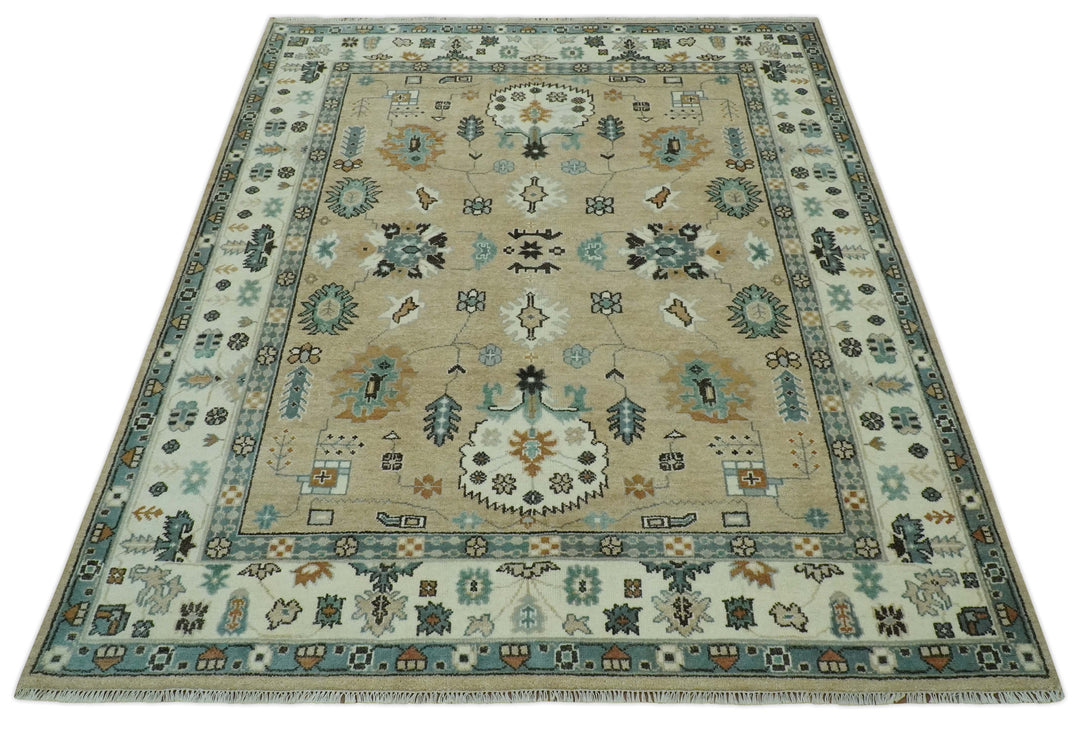 Hand knotted Peach, Ivory and Gray 8x10 Oriental Oushak wool area rug