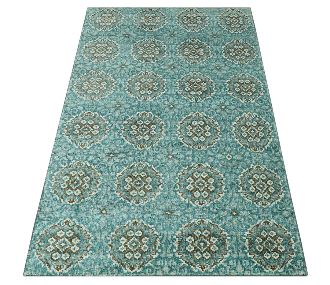 5x8 Traditional Damask Floral Design Blue, Ivory and Olive wool area rug