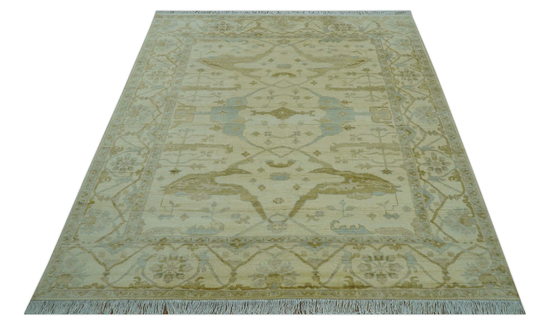 Traditional Oushak Design Ivory And Brown Hand Knotted 8x10 Wool Area Rug