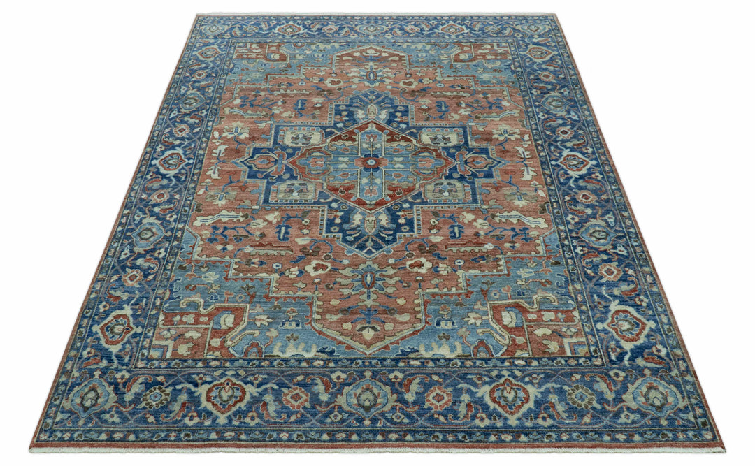 Traditional Serapi Design Rust And Blue Hand Knotted 8x10 Wool Area Rug