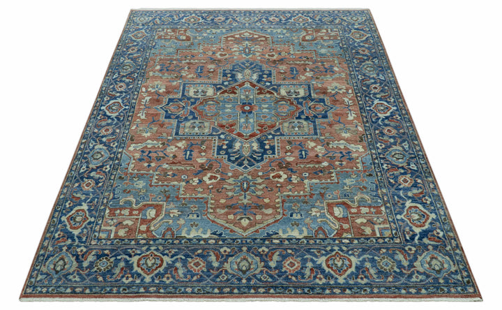 Traditional Serapi Design Rust And Blue Hand Knotted 8x10 Wool Area Rug