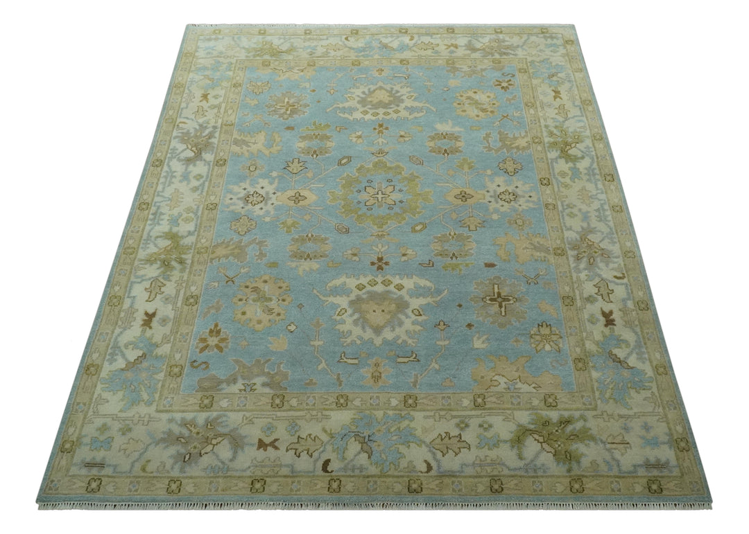 Light Blue, Beige and Ivory Hand knotted 8x10 Traditional Oriental Oushak wool rug