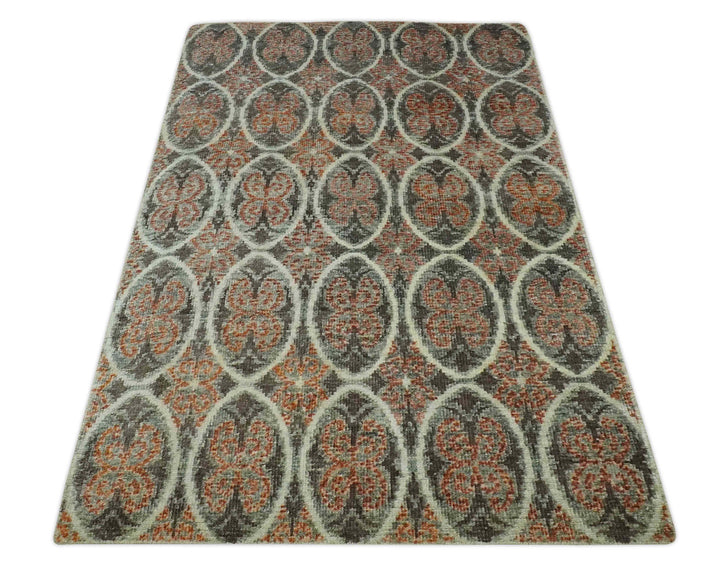 Geometrical Floral Design 5x8.6 Charcoal, Ivory and Rust Hand Knotted wool rug