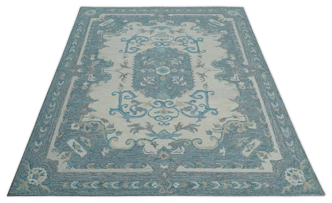 French Design Aubusson 8x10 Ivory and Blue Hand Tufted Wool Area Rug