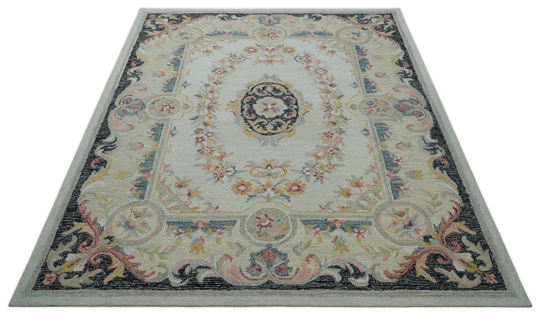 French Design Aubusson Custom Made Ivory, Light Green and Charcoal Hand Tufted wool Area Rug