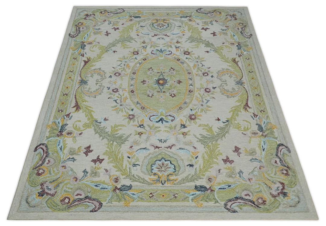Ivory and Green 8x10 French Design Aubusson Hand Tufted Wool Area Rug