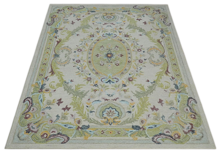 Ivory and Green 8x10 French Design Aubusson Hand Tufted Wool Area Rug