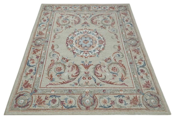 French Inspired Aubusson design Custom Made Beige, Brown and Blue Hand Tufted wool Area Rug