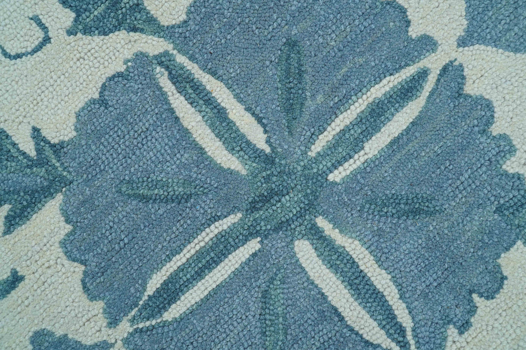 Custom Made Oriental Uzbek Design Floral Ivory And Blue Hand Tufted Wool Area Rug