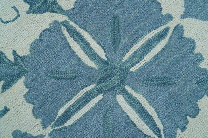 Custom Made Oriental Uzbek Design Floral Ivory And Blue Hand Tufted Wool Area Rug