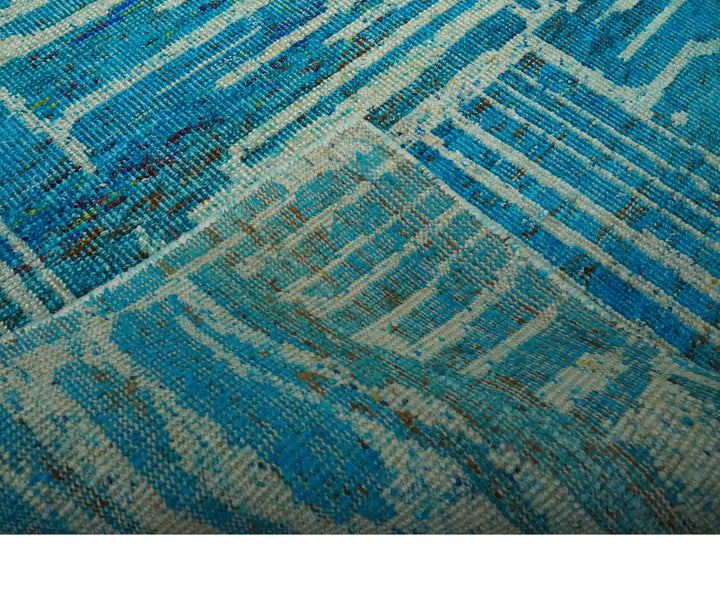 Modern stripes design Blue and Beige 5x8 Hand knotted wool area rug