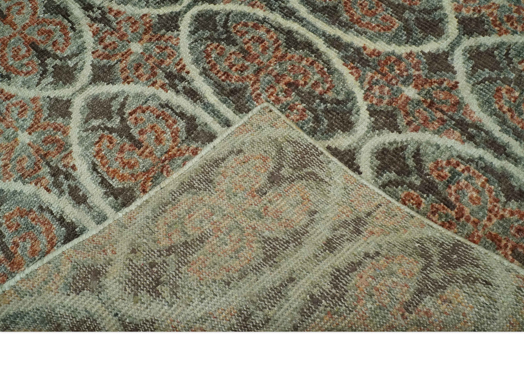 Geometrical Floral Design 5x8.6 Charcoal, Ivory and Rust Hand Knotted wool rug