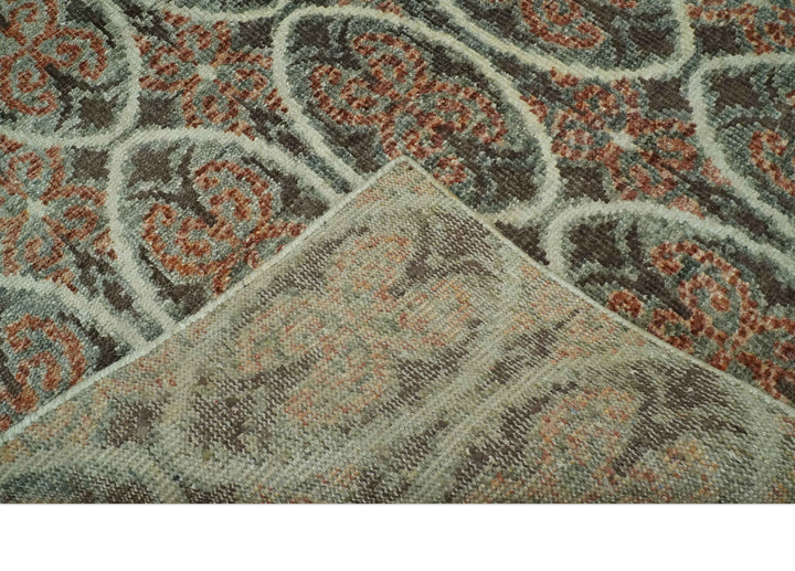 Geometrical Floral Design 5x8.6 Charcoal, Ivory and Rust Hand Knotted wool rug
