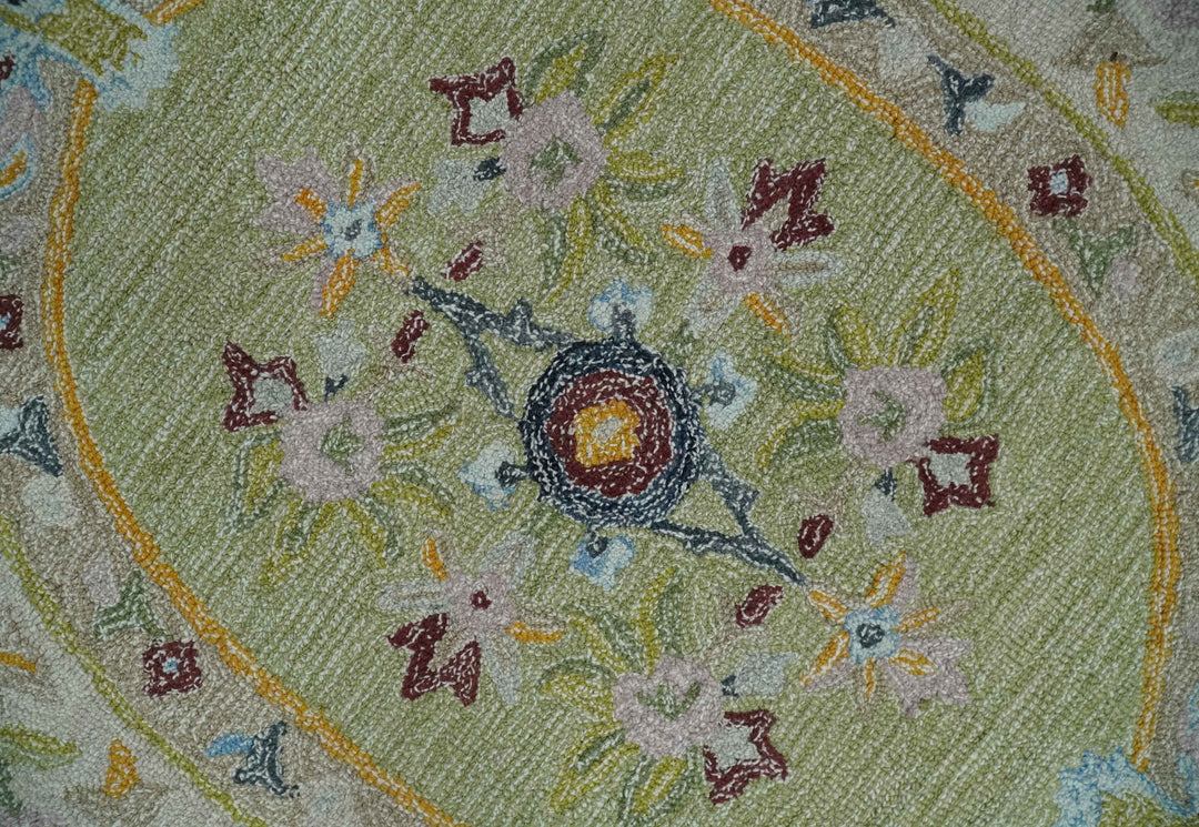 Ivory and Green 8x10 French Design Aubusson Hand Tufted Wool Area Rug