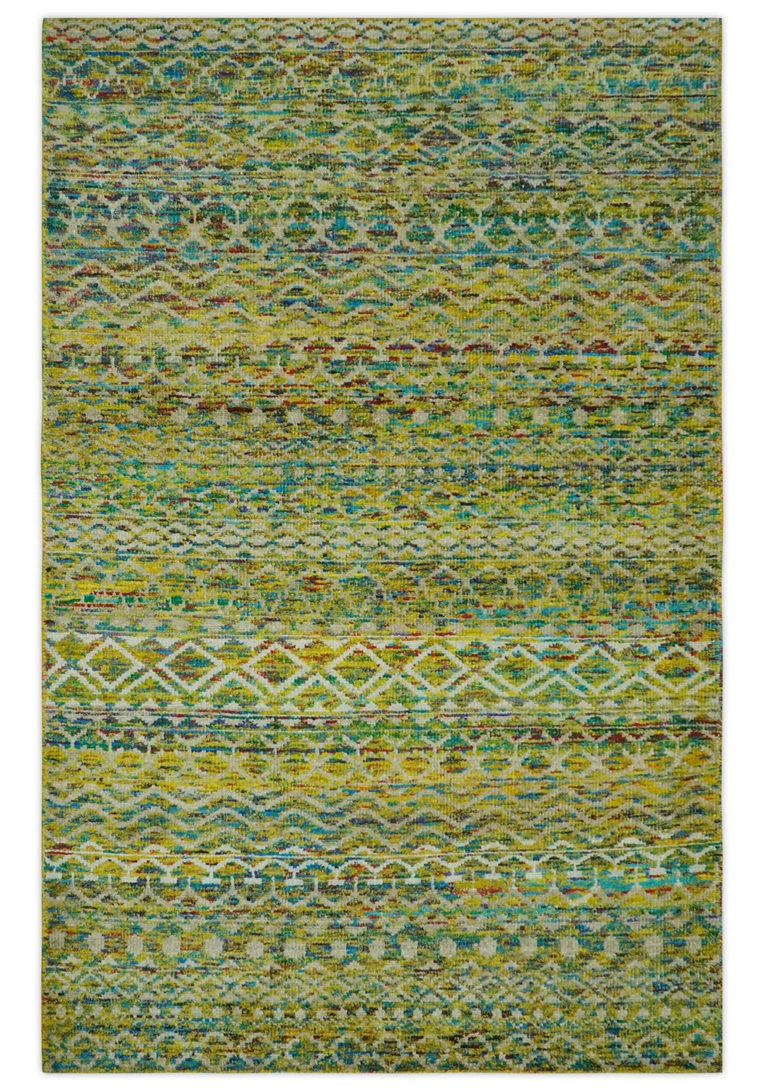 5.6x8.6 Hand Knotted Mustard, Teal and Ivory Southwestern Tribal Trellis wool Rug - The Rug Decor