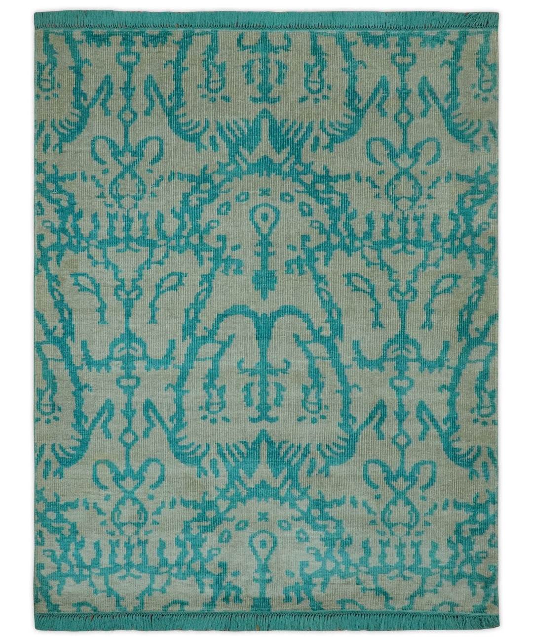 5.8x8 Teal and Beige Hand Knotted Traditional large Design viscoseArea Rug - The Rug Decor
